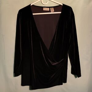 Jaclyn Smith Black Velvet Drape Front Top – Long Sleeve Deep V-Neck Blouse